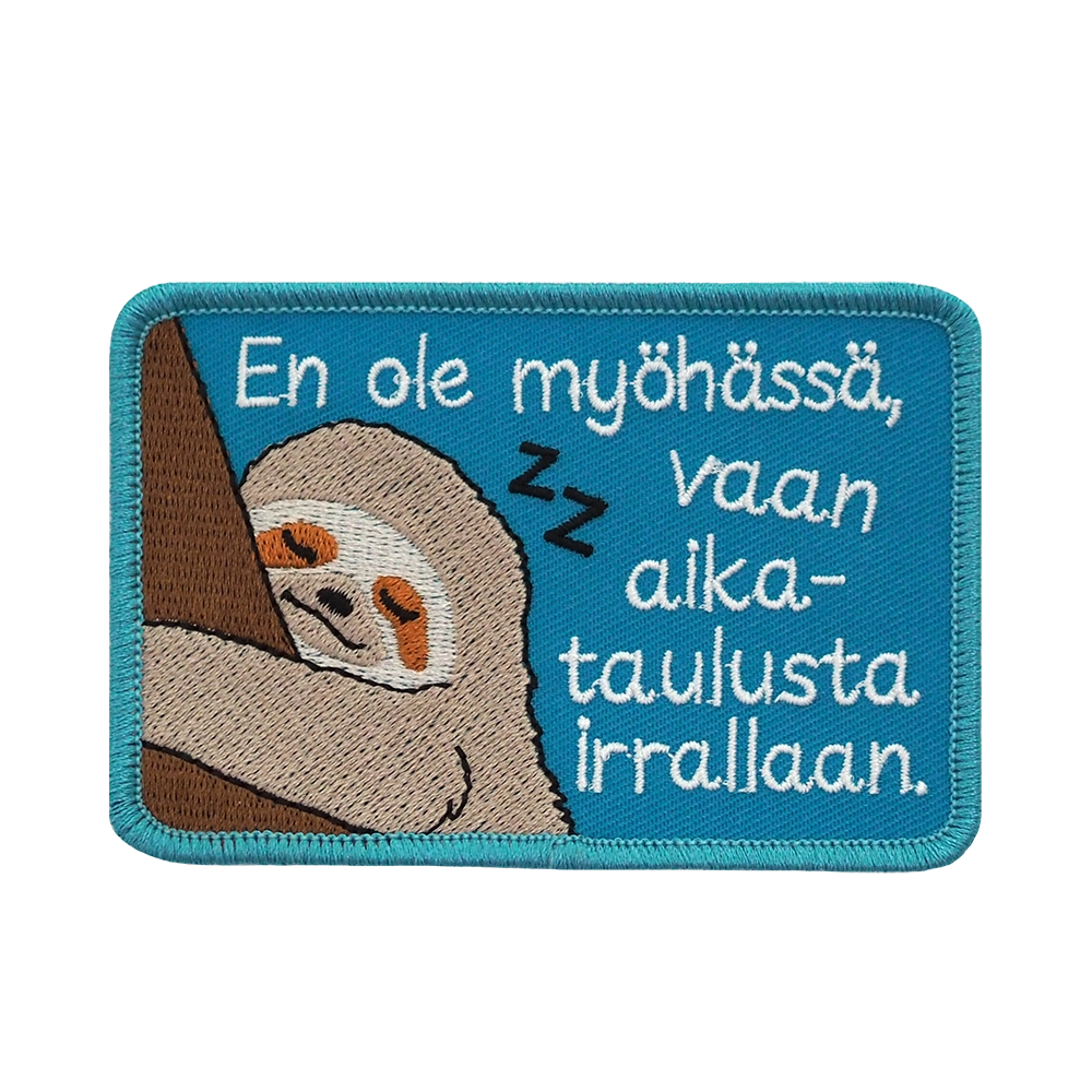 Brodeerattu kangasmerkki, laiskiainen.