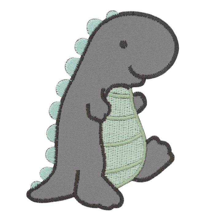 Heijastava brodeerattu dinosaurus haalarimerkki, vihreät yksityiskohdat.