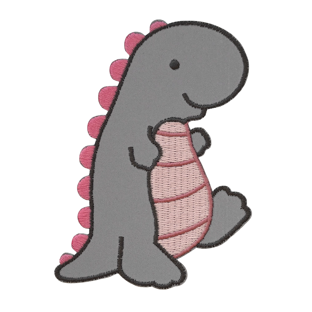 Heijastava brodeerattu dinosaurus haalarimerkki, pinkit yksityiskohdat.
