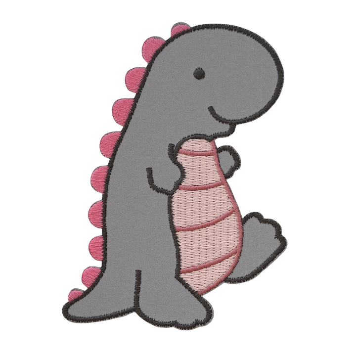 Heijastava brodeerattu dinosaurus haalarimerkki, pinkit yksityiskohdat.