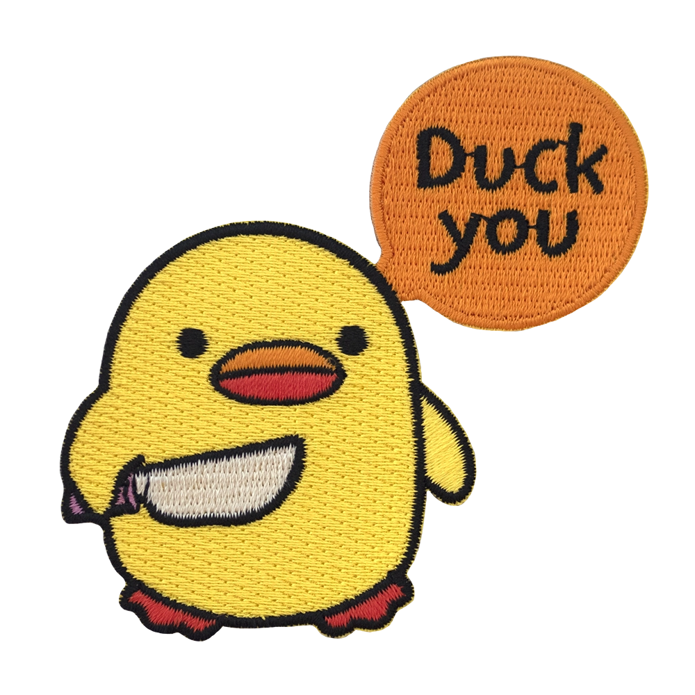 Brodeerattu tipu-aiheinen haalarimerkki, puhekuplassa teksti: Duck you.