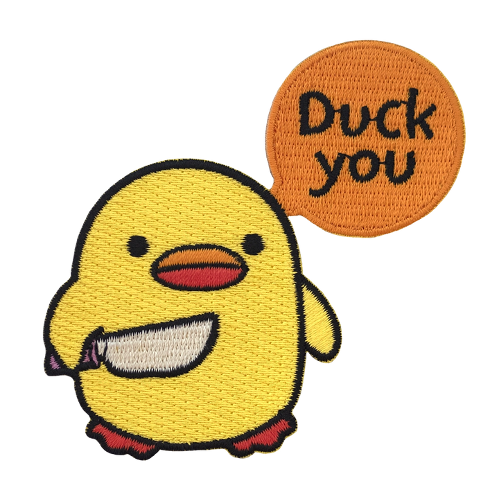 Brodeerattu tipu-aiheinen haalarimerkki, puhekuplassa teksti: Duck you.