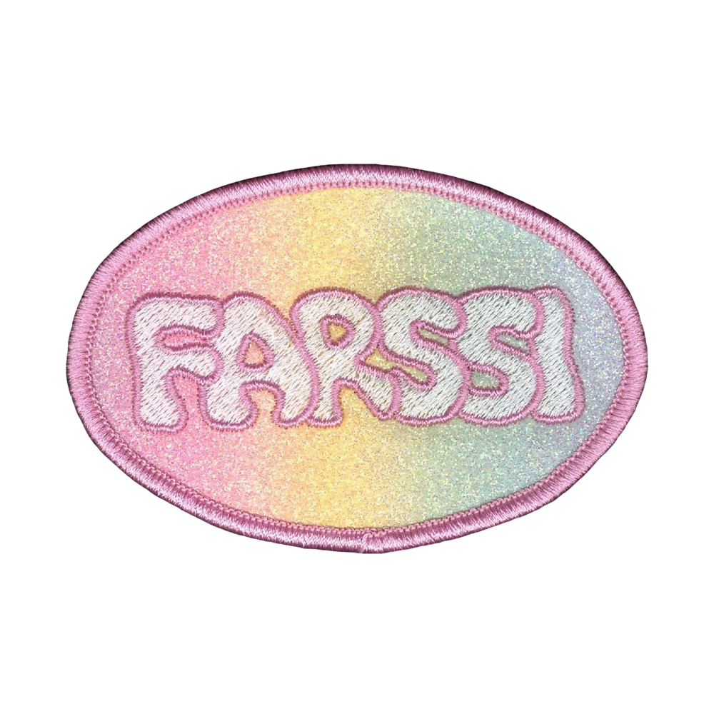 Brodeerattu kangasmerkki, glitter, teksti: Farssi.