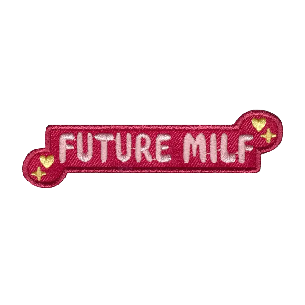 Brodeerattu kangasmerkki, teksti: Future milf.