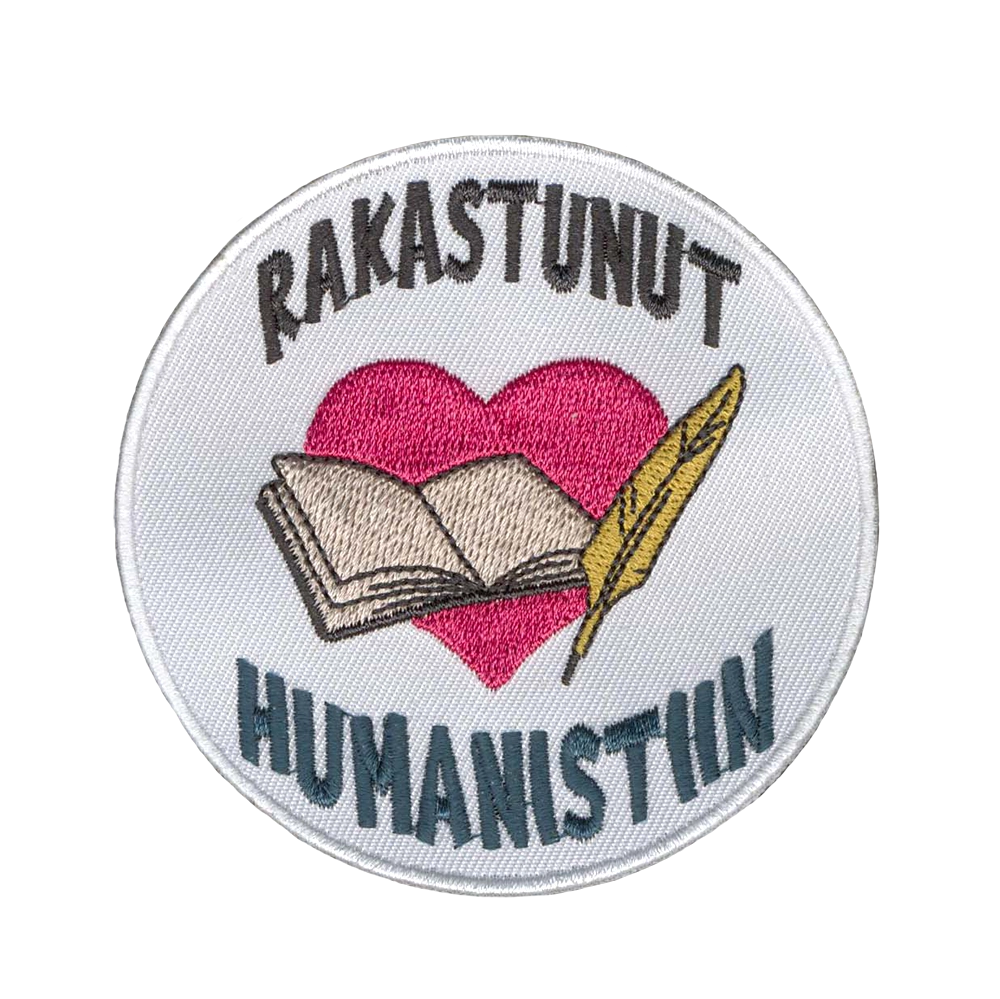 Brodeerattu haalarimerkki, teksti: Rakastunut humanistiin.