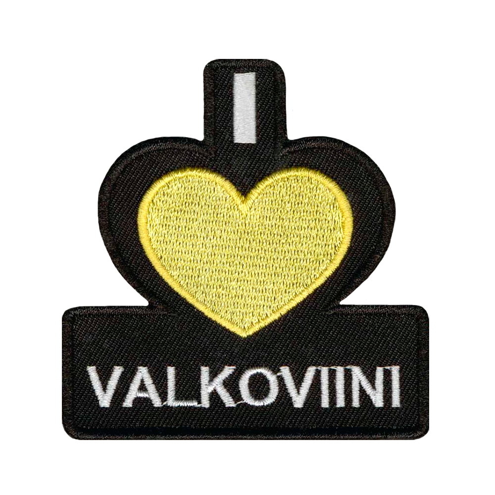 Brodeerattu kangasmerkki, i love valkoviini.