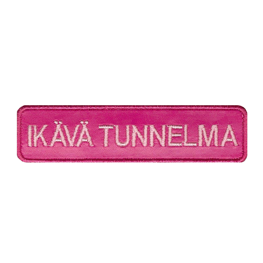 Nahkamerkki, pinkki, teksti: ikävä tunnelma.