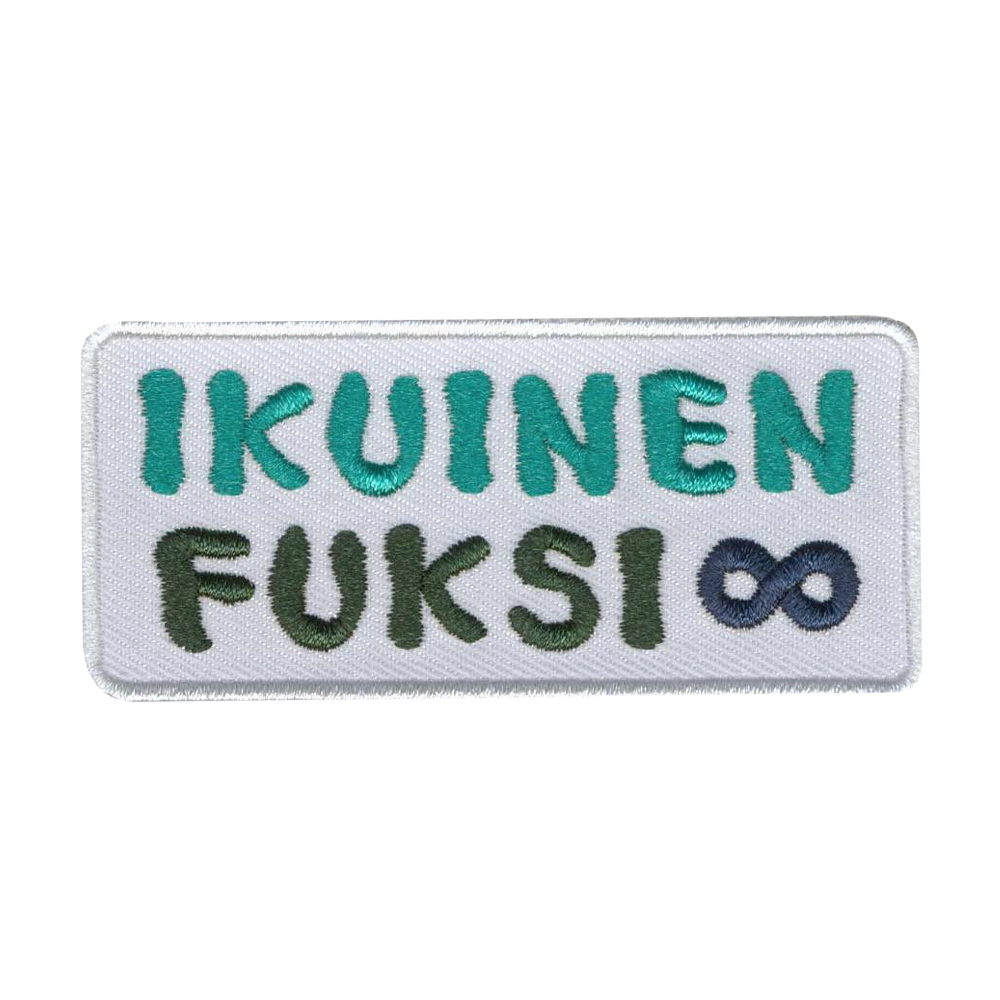 Brrodeerattu kangasmerkki, teksti: Ikuinen fuksi.