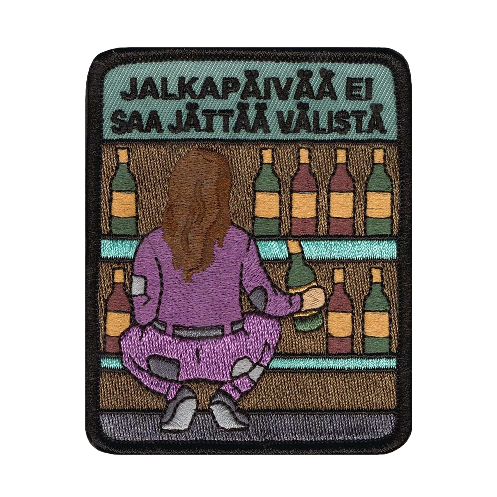 Brodeerattu haalarimerkki, opiskelija, viinihylly.