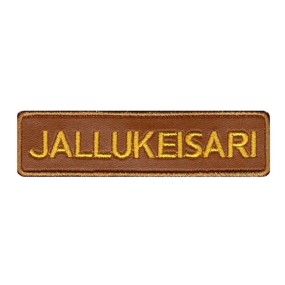 Nahkamerkki, ruskea, teksti: jallukeisari.