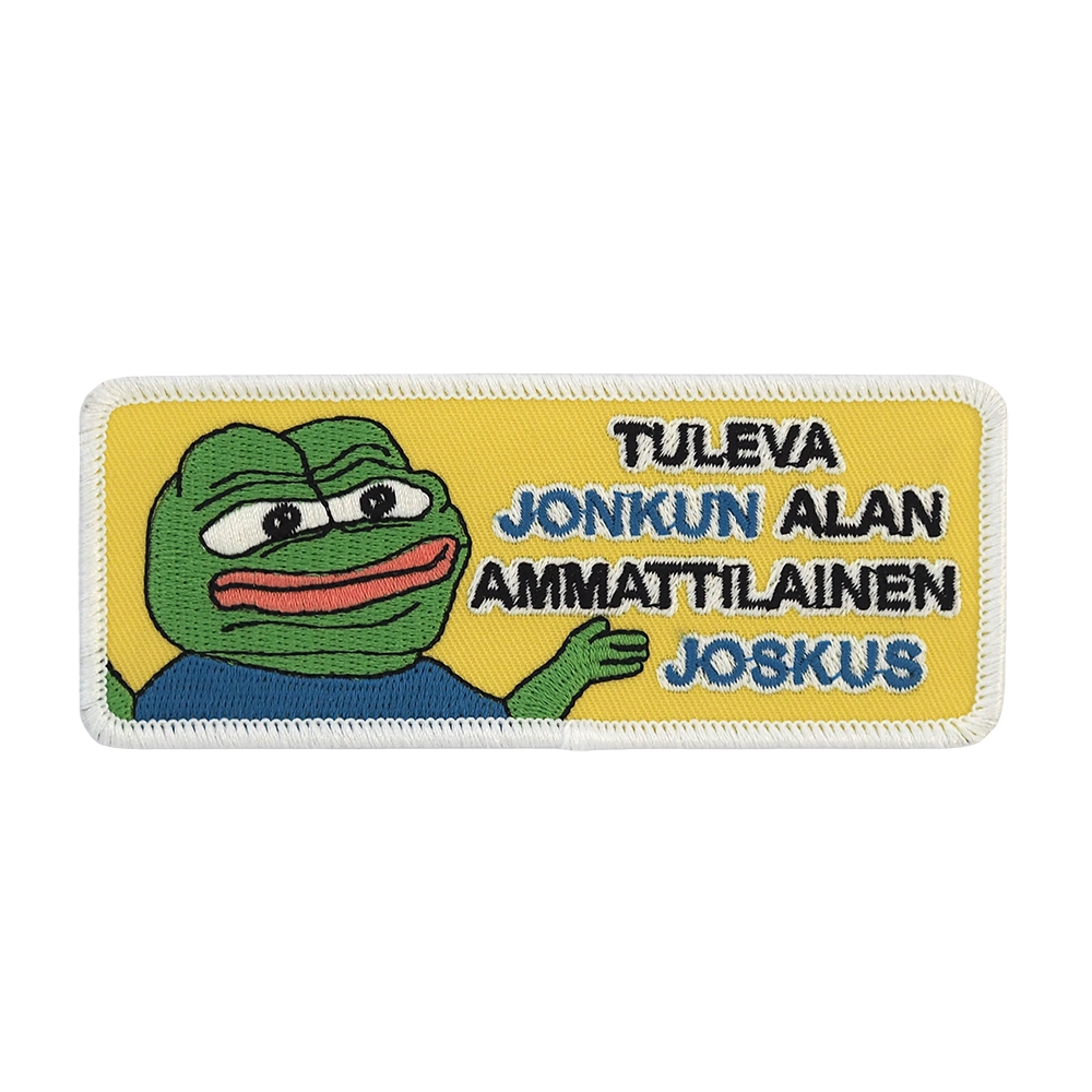 Brodeerattu Apustaja-haalarimerkki, teksti: Tuleva jonkun alan ammattilainen joskus.