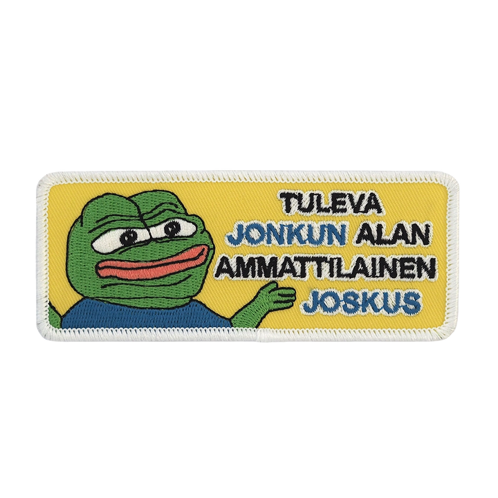 Brodeerattu Apustaja-haalarimerkki, teksti: Tuleva jonkun alan ammattilainen joskus.