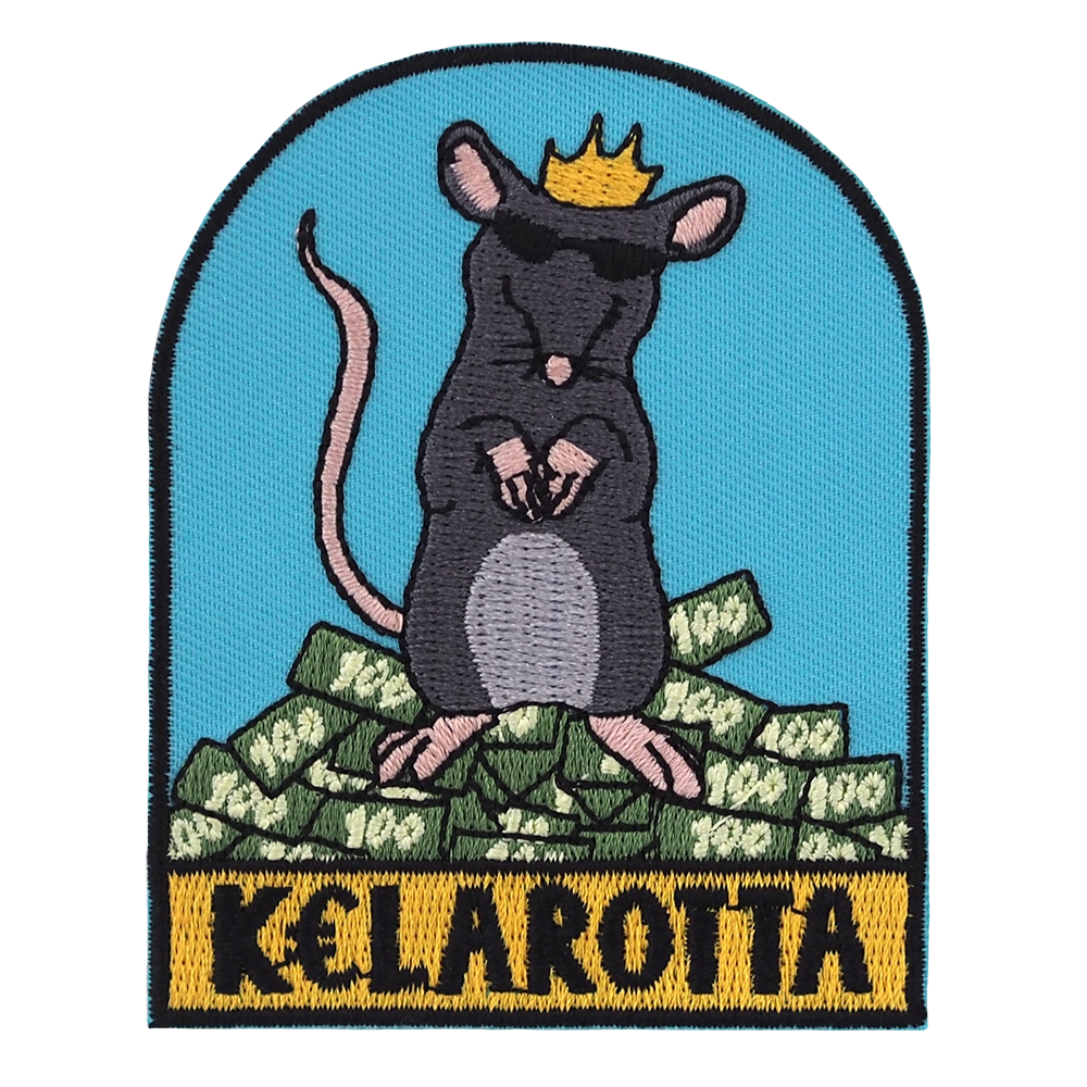 Brodeerattu rotta-haalarimerkki, kruunu, teksti: Kelarotta.