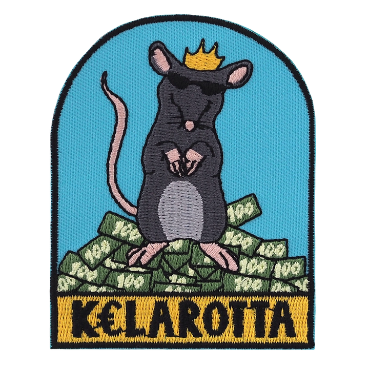 Brodeerattu rotta-haalarimerkki, kruunu, teksti: Kelarotta.