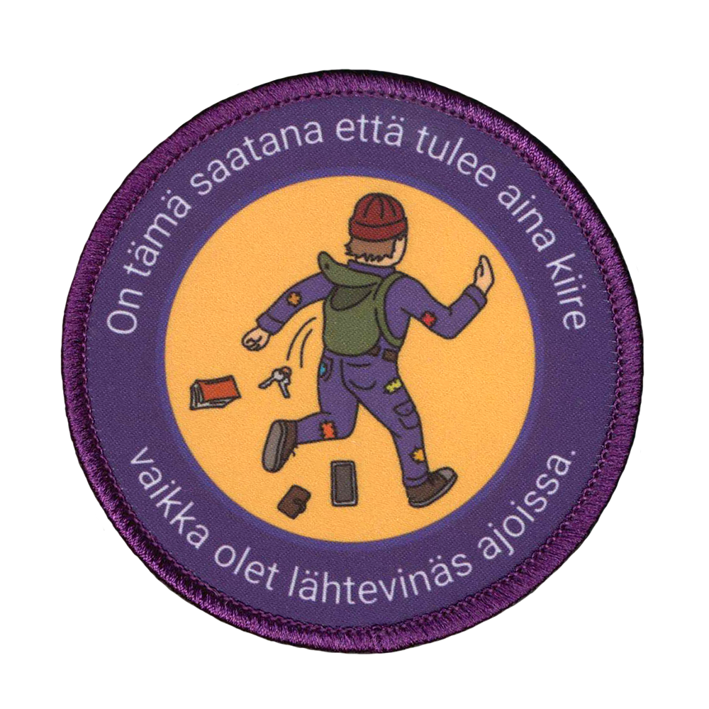 Painettu kangasmerkki, opiskelija kiireessä.