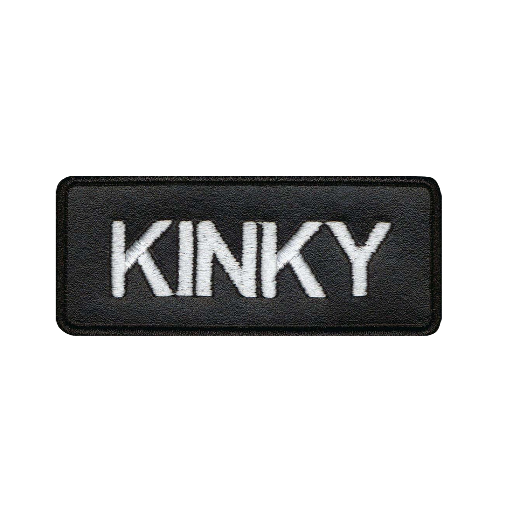 Nahkamerkki, musta, teksti: kinky.