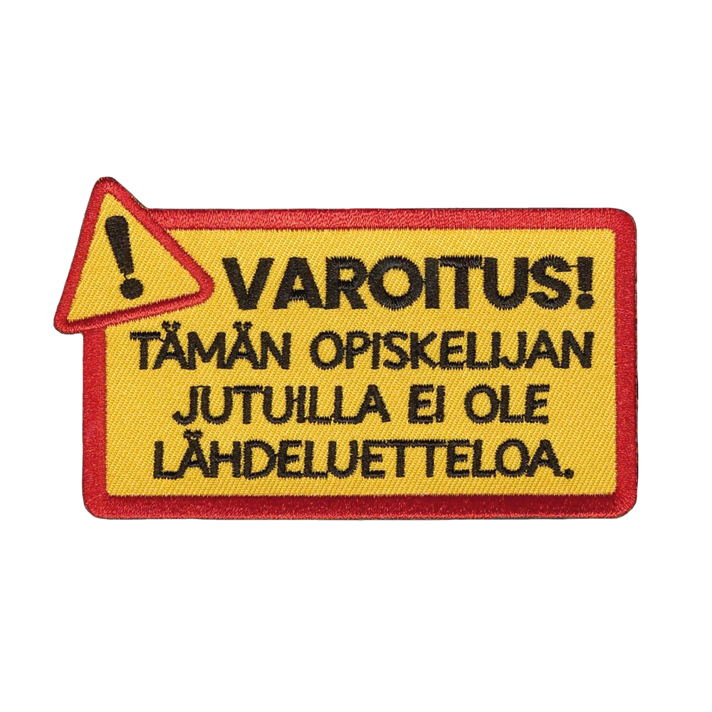 Brodeerattu haalarimerkki, varoitus.