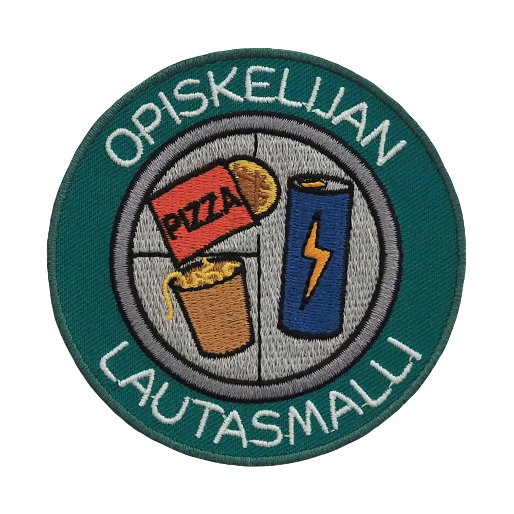 Brodeerattu kangasmerkki, opiskelijan lautasmalli.