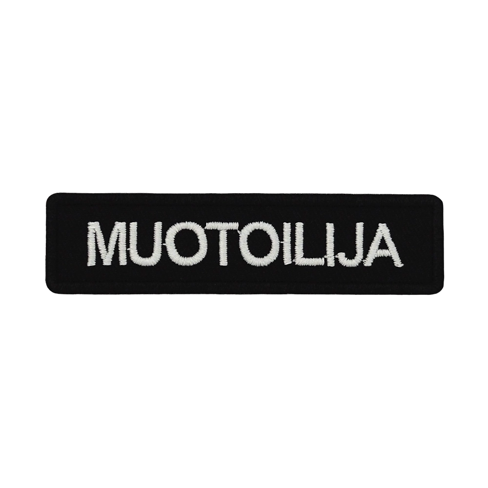 Brodeerattu haalarimerkki, teksti: Muotoilija.