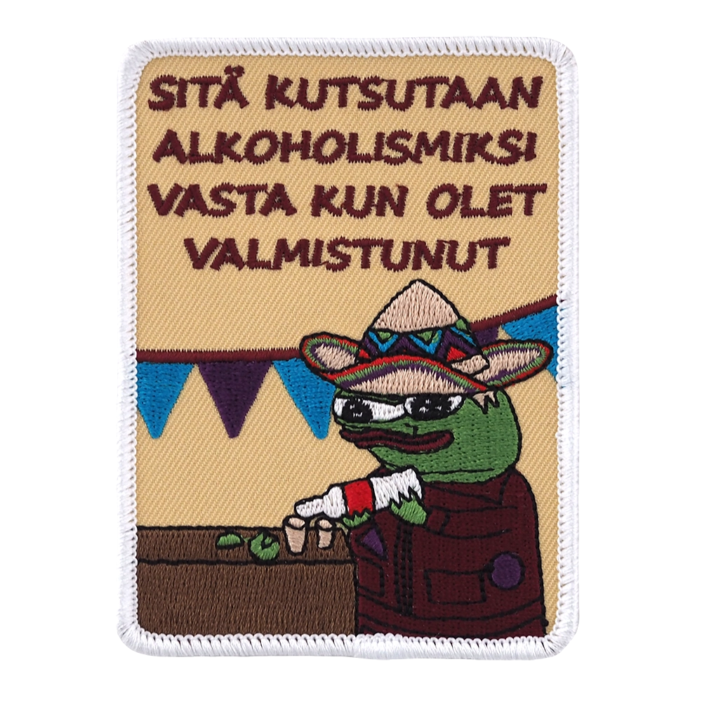 Brodeerattu haalarimerkki, Apustaja, teksti: Sitä kutsutaan alkoholismiksi vasta kun olet valmistunut.