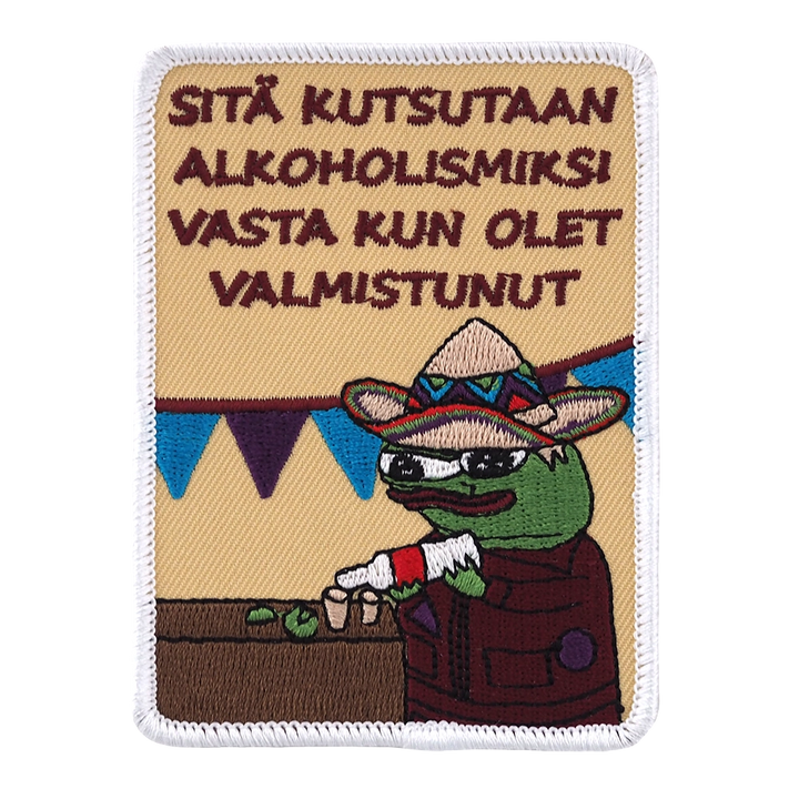 Brodeerattu haalarimerkki, Apustaja, teksti: Sitä kutsutaan alkoholismiksi vasta kun olet valmistunut.