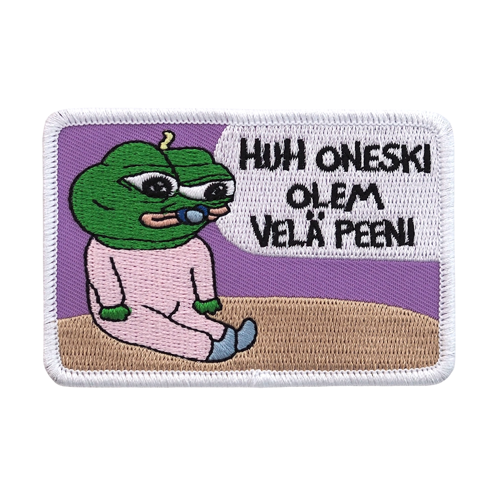 Brodeerattu haalarimerkki, Apustaja, teksti: Huh oneski olemp velä peeni.
