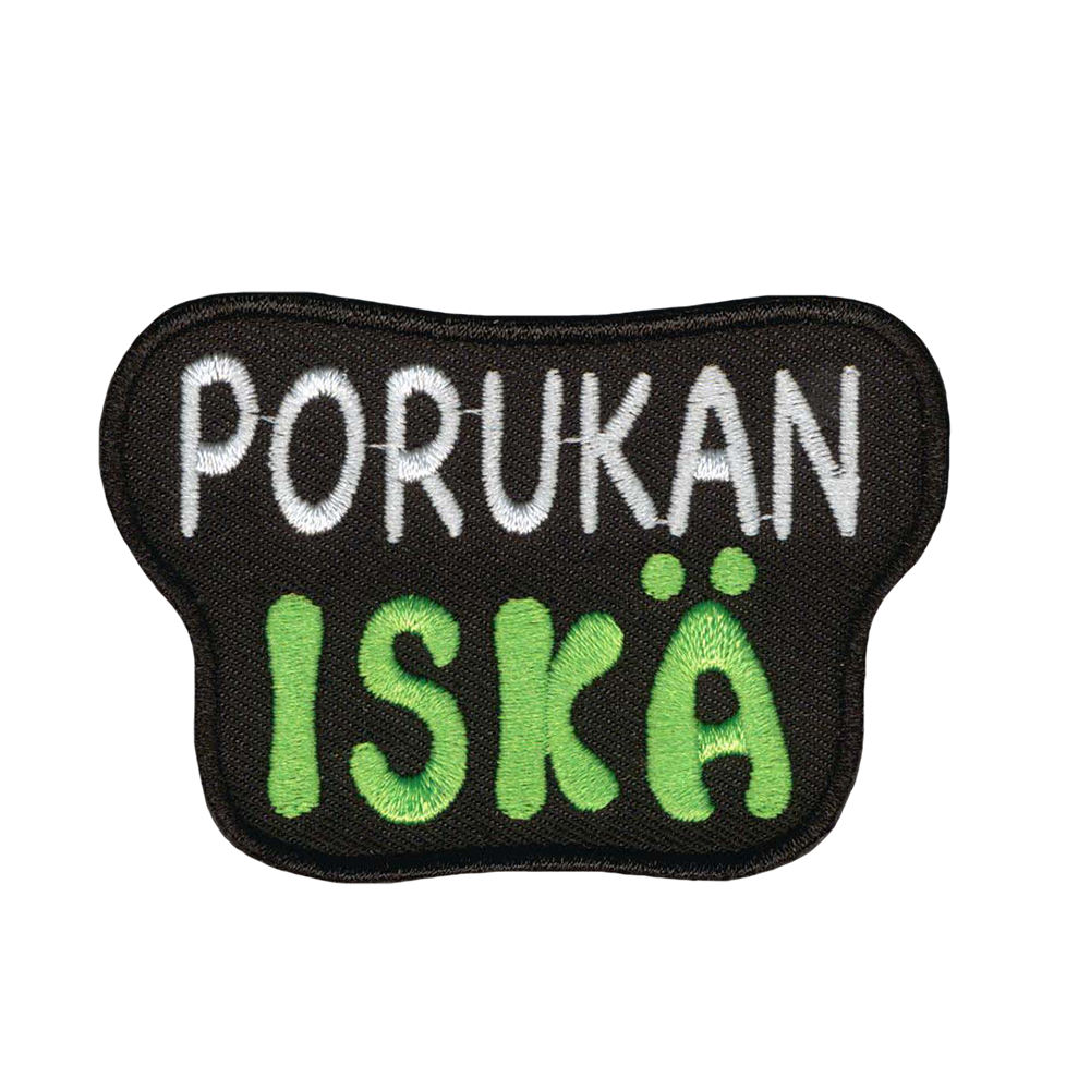Brodeerattu kangasmerkki, teksti: Porukan iskä.