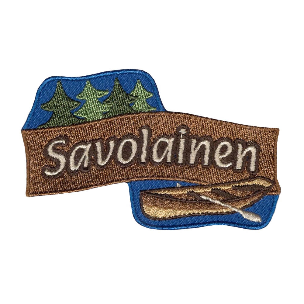 Brodeerattu haalarimerkki, teksti: Savolainen ja vene ja kuusia.