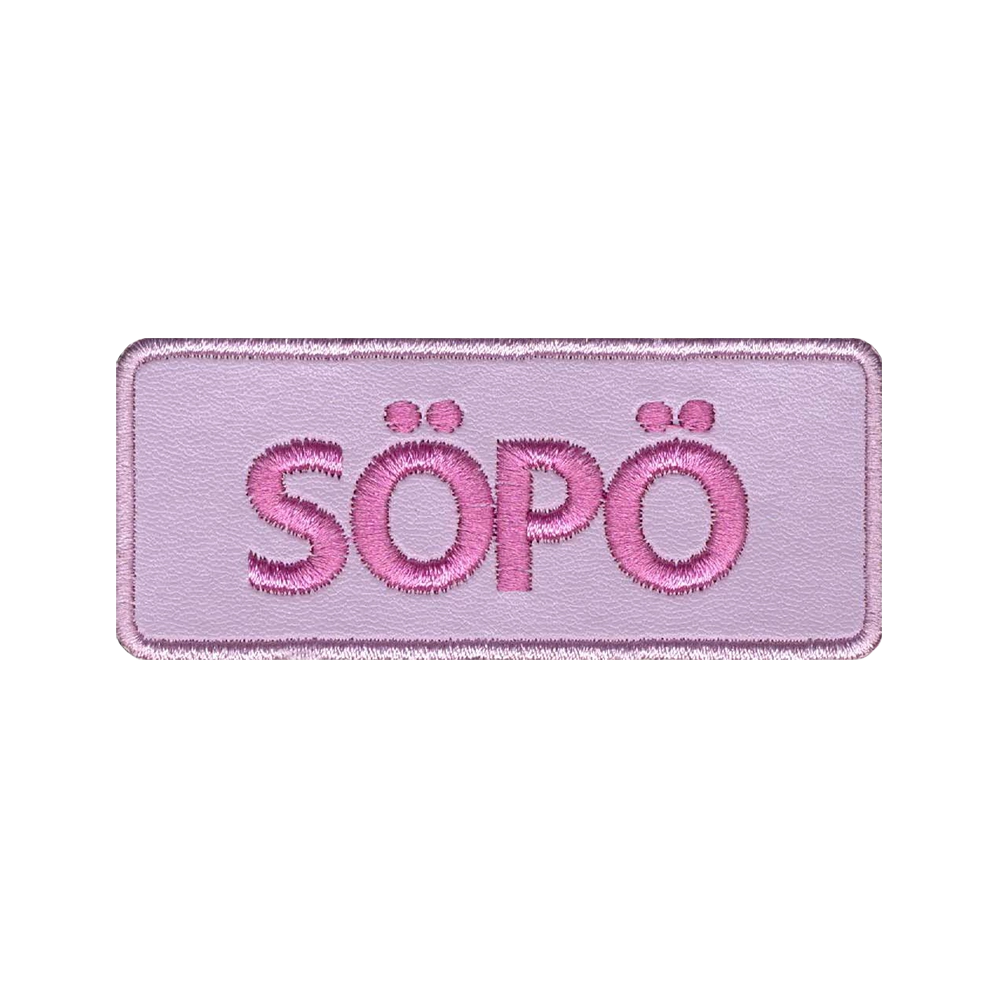 Nahkamerkki, lila, teksti: söpö.