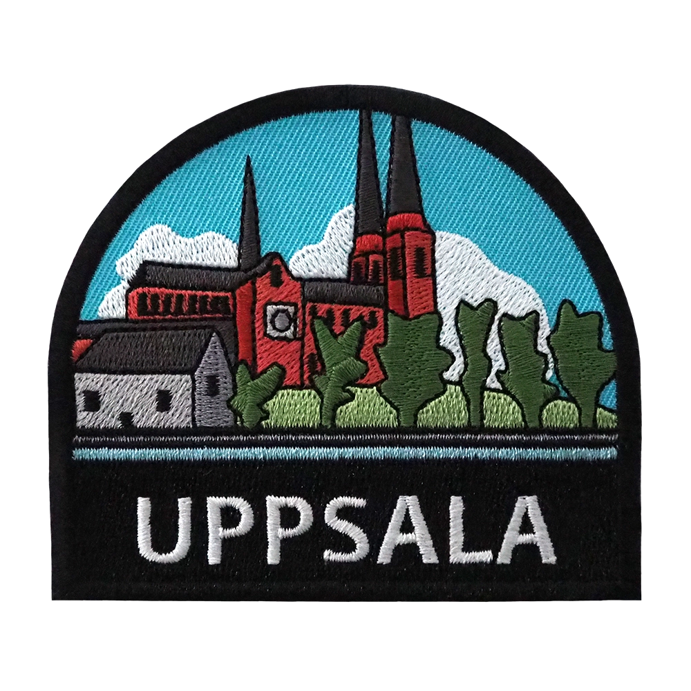 Brodeerattu kangasmerkki, Uppsala.