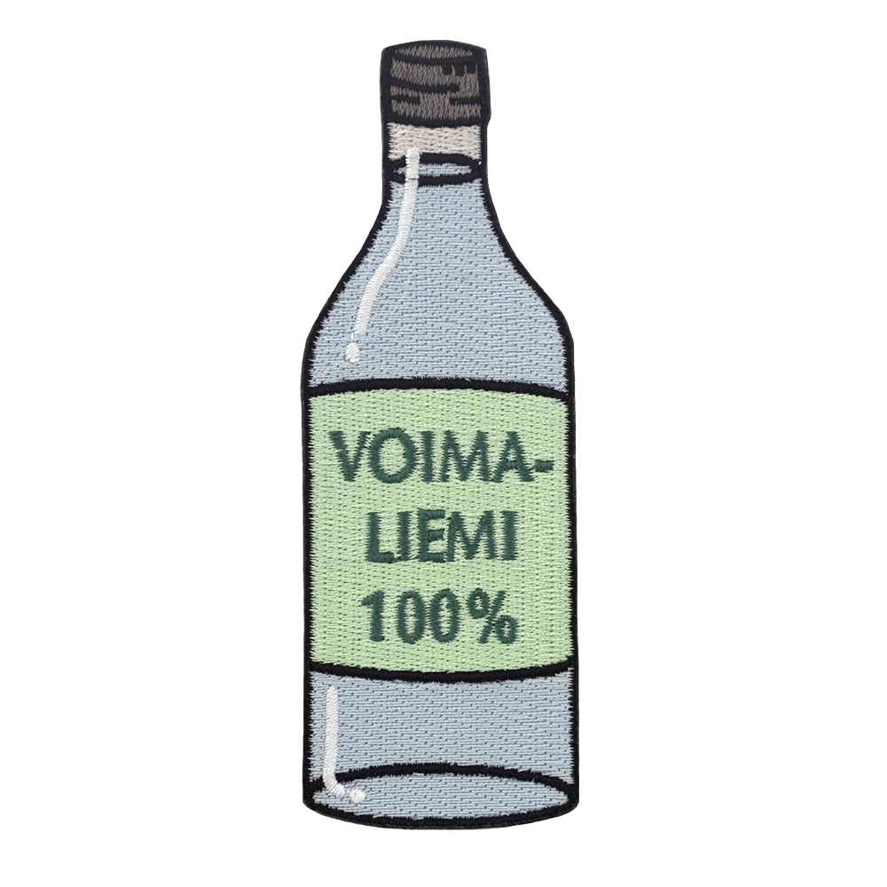 Brodeerattu pullonmuotoinen haalarimerkki, teksti: Voimaliemi 100%.