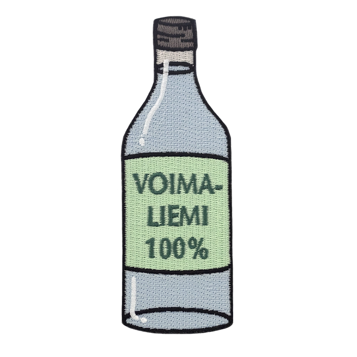 Brodeerattu pullonmuotoinen haalarimerkki, teksti: Voimaliemi 100%.